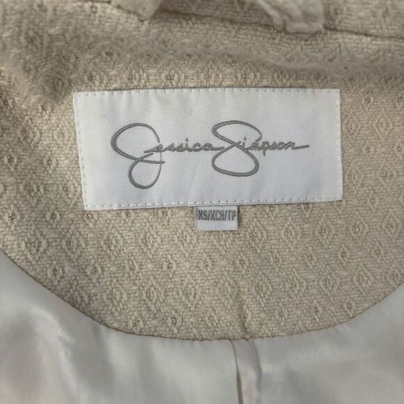Jessica Simpson Jacquard Wool Coat Beige Gold Buttons Pockets Lined Long Jacket - Picture 5 of 9